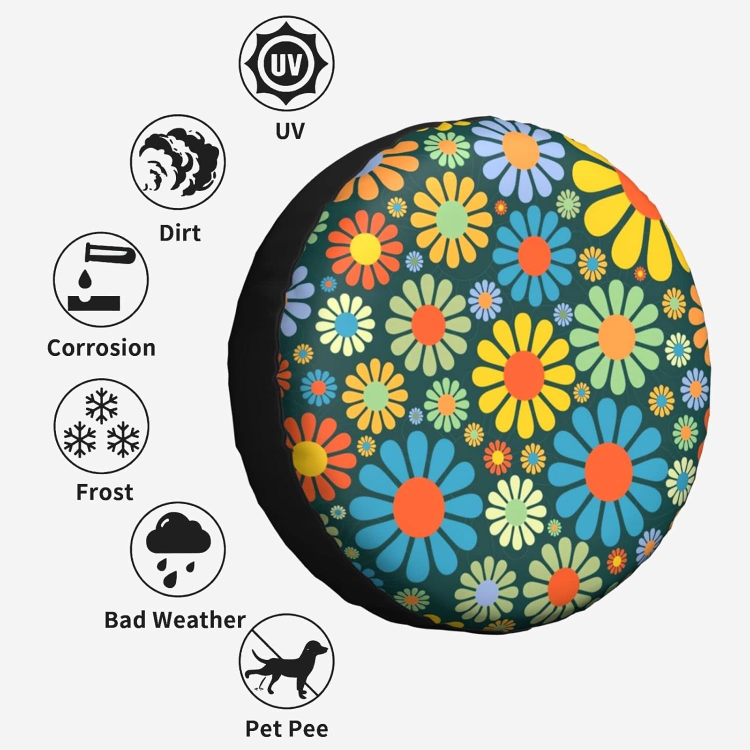 Hippie Flower Spare Tire Cover Cute Tire Covers for Rv Trailer Jeep SUV (Fit for Diameter 30"-32")