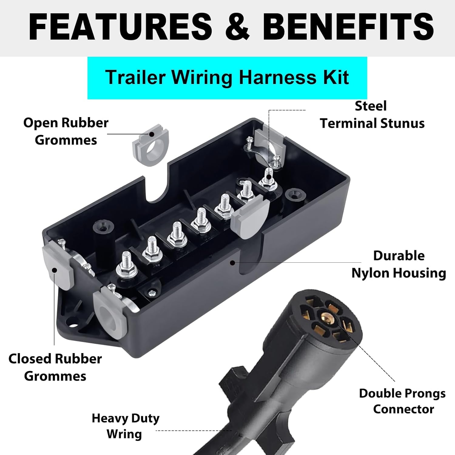 7 Pin Trailer Wiring Harness Kit with 7 Gang Junction Box - 8 Feet, Heavy Duty 7 Wire Trailer Cable 7 Way Trailer Plug Cord, Trailer Junction Box 7 Pole Waterproof (8Ft)