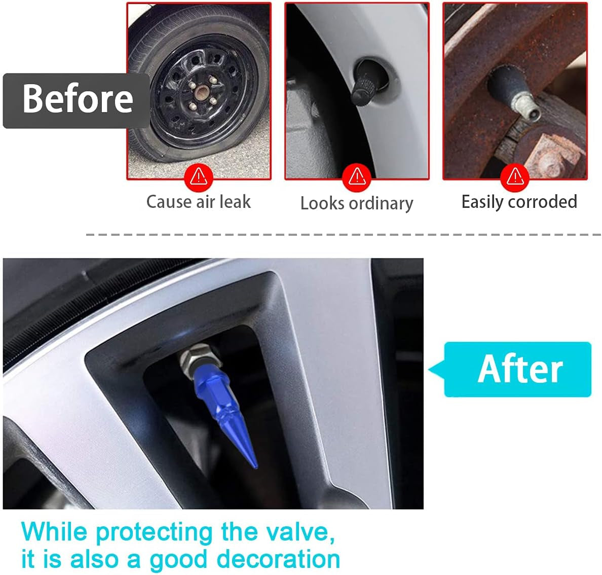 Car Wheel Tire Valve Caps, 4 Pack Spiked Aluminum Valve Stem Caps, Attractive Dustproof Car Accessories, Universal for Most Vehicles (Blue/45Mm)