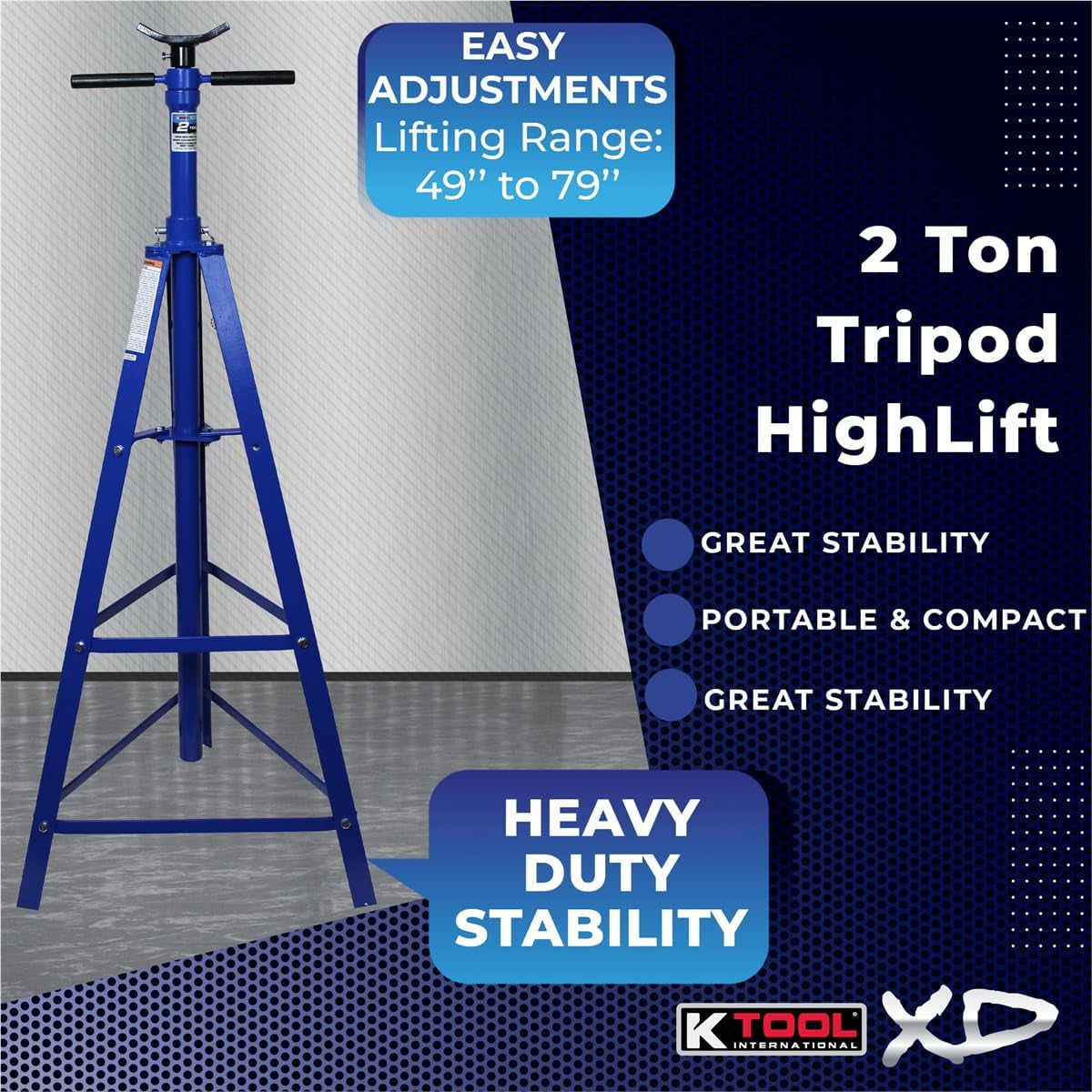 XD61002 2 Ton Automotive under Hoist Tripod Stand for Garages, Repair Shops, and DIY, 4,000Lb. Capacity, Support Range 49"-79.75", Heavy Duty Steel, 24" Base, 3.25" Saddle, Blue