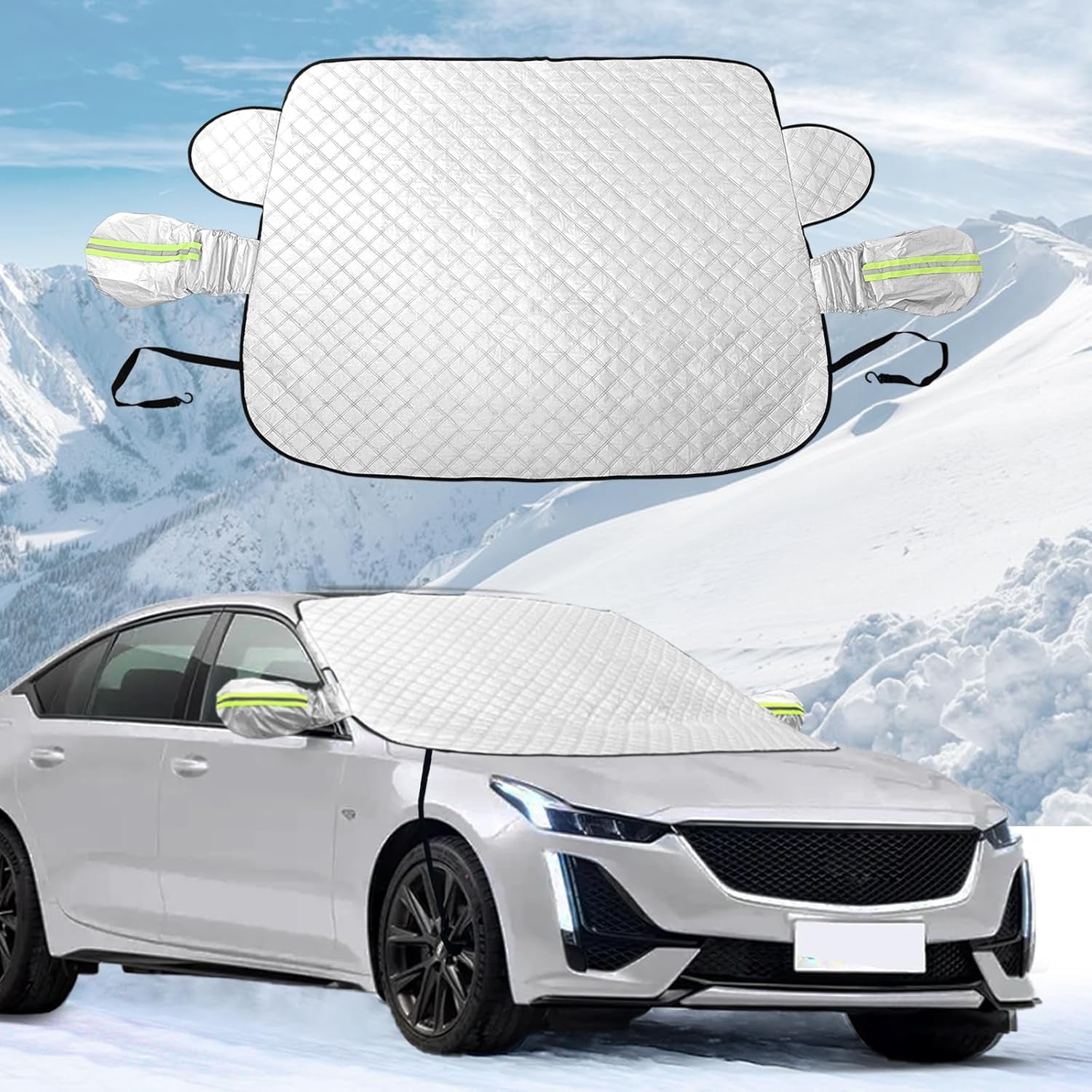 Car Magnetic Windshield Snow Cover, Heavy Duty Ultra Thick Protective Windscreen Cover 4-Layer Protection for Snow, Ice, UV & Frost Wiper Mirror Universal for Sedan, Small Suv(Silver)