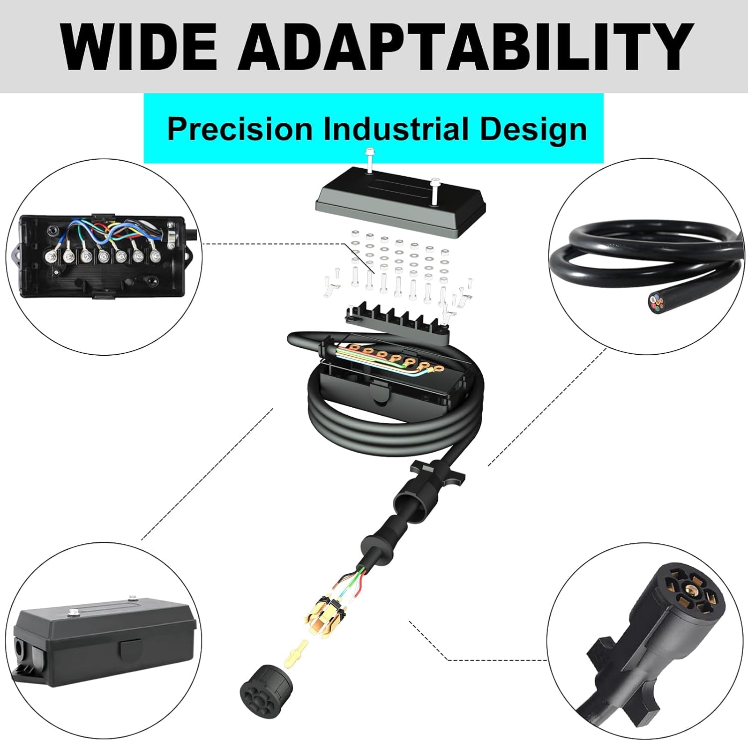 7 Pin Trailer Wiring Harness Kit with 7 Gang Junction Box - 8 Feet, Heavy Duty 7 Wire Trailer Cable 7 Way Trailer Plug Cord, Trailer Junction Box 7 Pole Waterproof (8Ft)