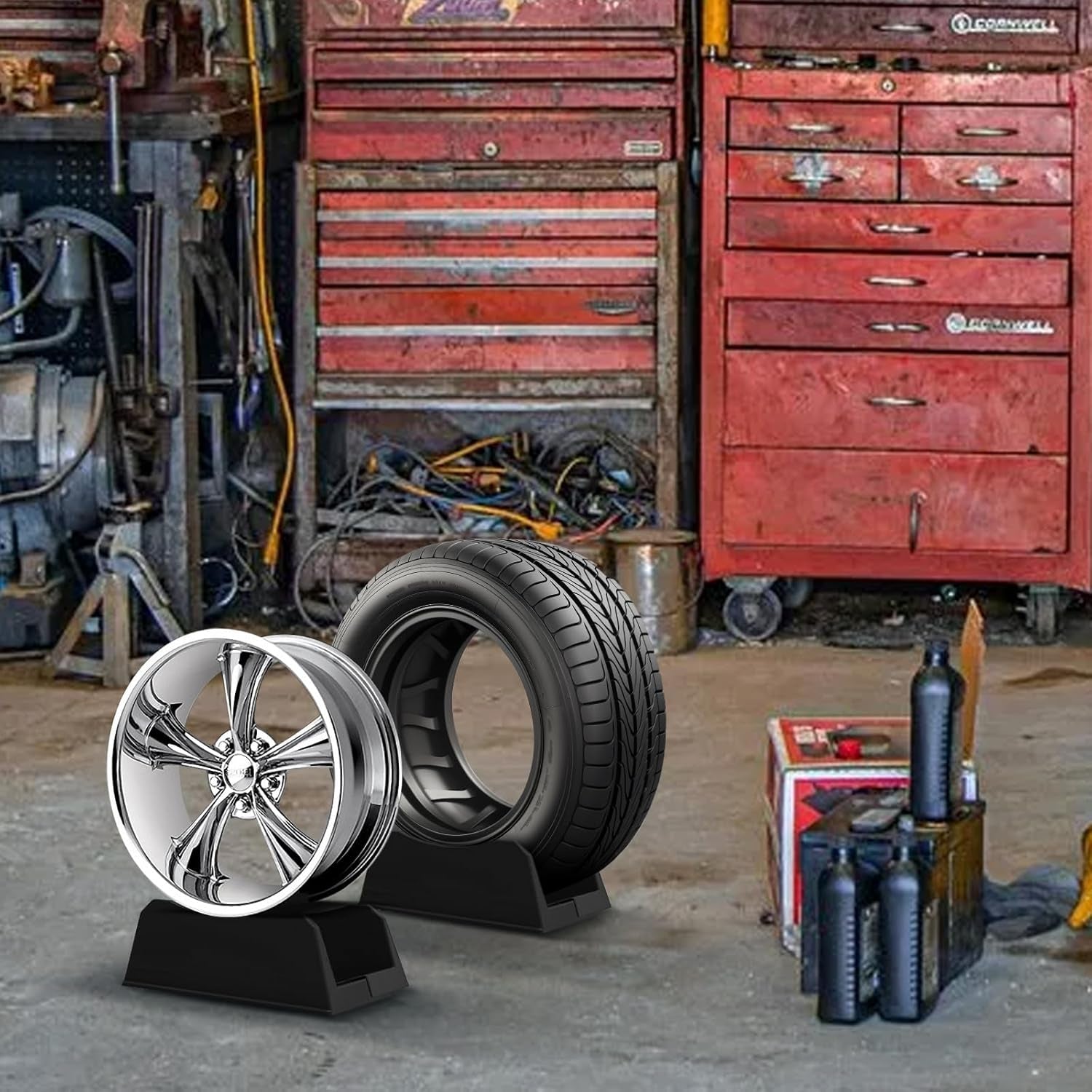 4Pcs Car Tire Display Rack, Adjustable Width Tire Wheel Stand Base Car Wheel Holder Plastic Tire Tray Base Tire Rack for Exhibition, Shop, Garage, Advertising, Trade, Show, Tire Not Include