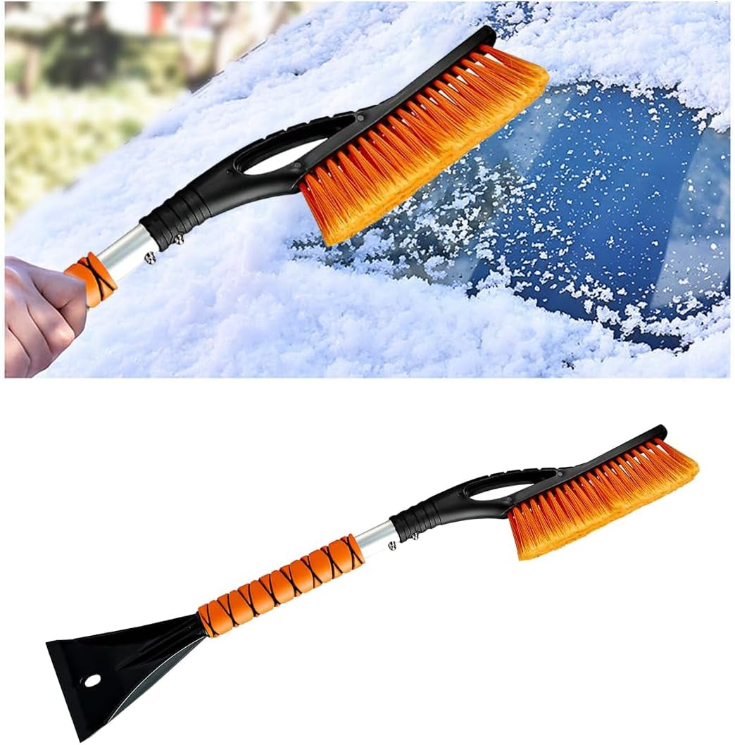 27" Car Snow Brush and Ice Scraper - Aluminum Snow Removal Tool with Ergonomic Foam Grip - Detachable Ice Scraper for Car Windshield and Window - Ice Shovel Tool Car Winter Accessories (Orange)