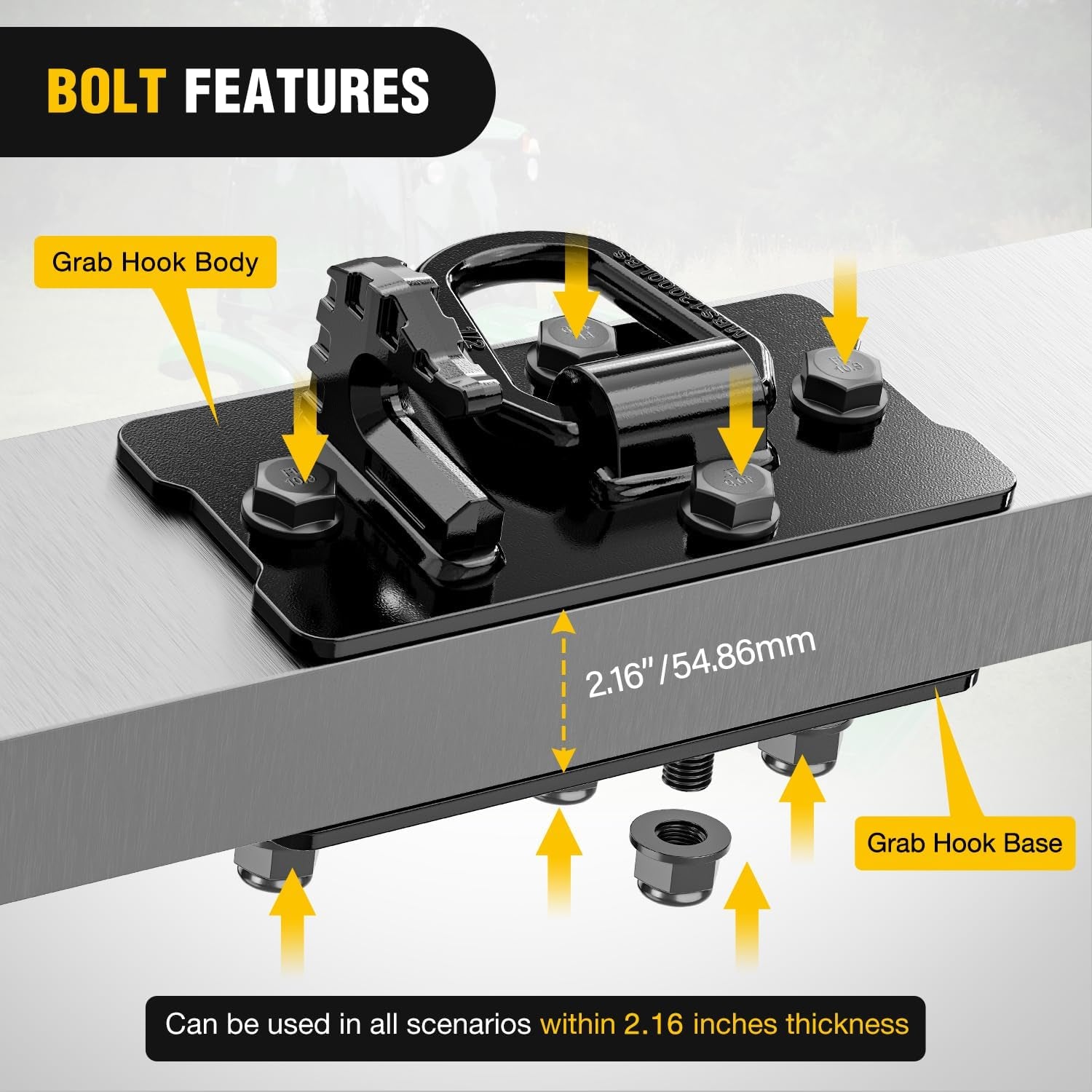 2PCS Tractor Bucket Hooks with Tie down Ring, Bolt-On Grab Hook with Back Plates Compatible with Trailer RV UTV Truck, Grade 70 Grade Forged Steel Max 15000 Lbs, Black