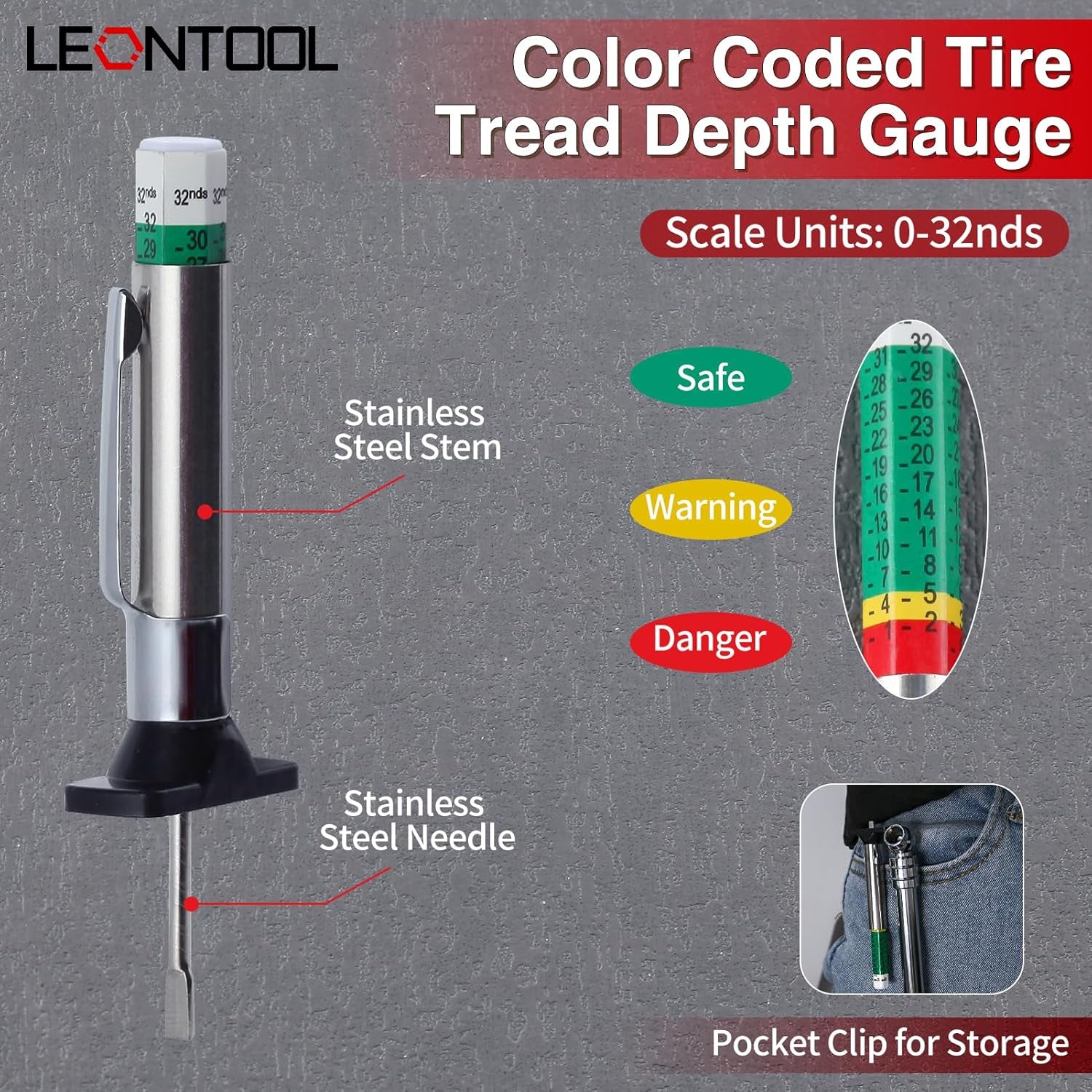 Color Coded Tire Tread Depth Gauge 32Nds with Pencil Tire Pressure Gauge 5-50 PSI, Air Pressure Gauge for Tires, Professional Tire Thread Meter Tool for Motorcycle,School Bus,Suv