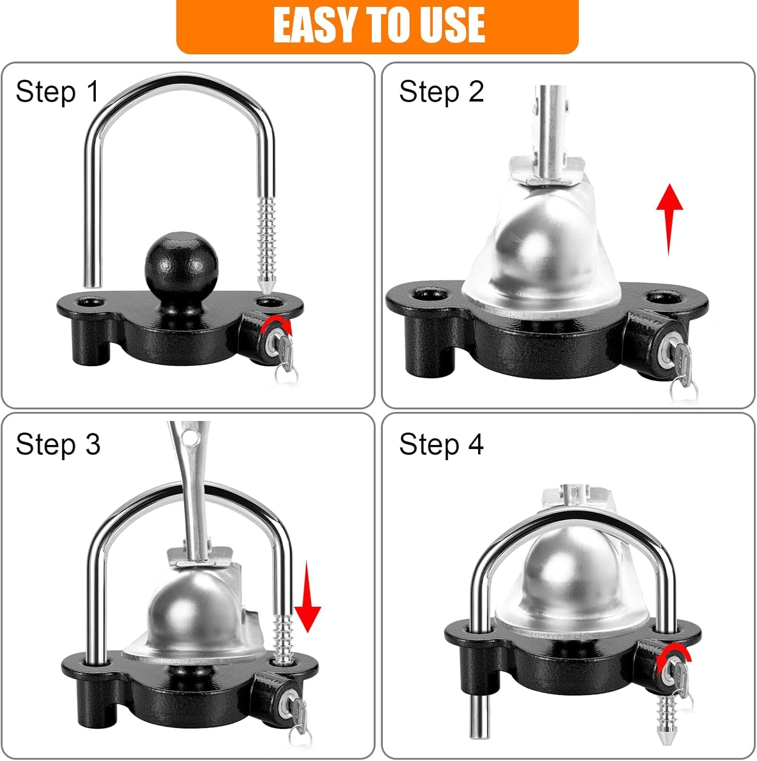 Trailer Hitch Lock Universal Tow Ball Coupler Security Kit Heavy Duty Anti-Theft Protection for Trailer Caravan Horsebox, 2 Keys, Black