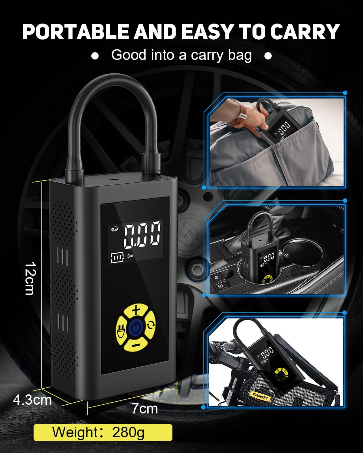 Tire Inflator Portable Air Compressor, Rechargeable Tire Inflator with LED Light, 150 PSI Bike Pump for Cars, Mini Air Pump for Bikes, Motorcycles, Balls and Emergency Flashlights