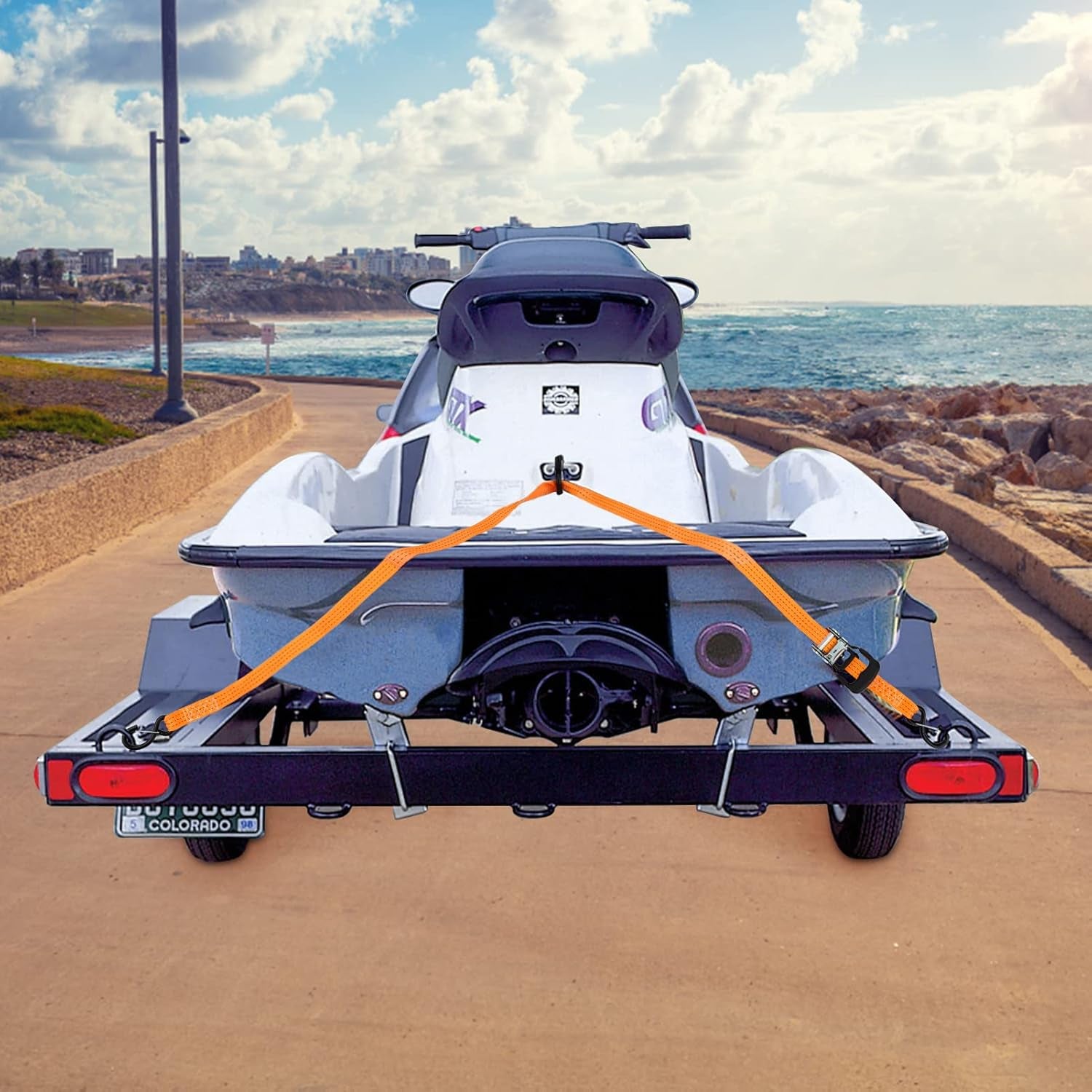 Jet Ski Ratchet Strap,3 Point Tie down Strap 1.5 Inches X 10 Feet, Super Sturdy Tie Downs for Jet Skis, Seadoo, Waverunner,Pwc,3000 Lbs Break Strength,S Hooks with Safety Clip