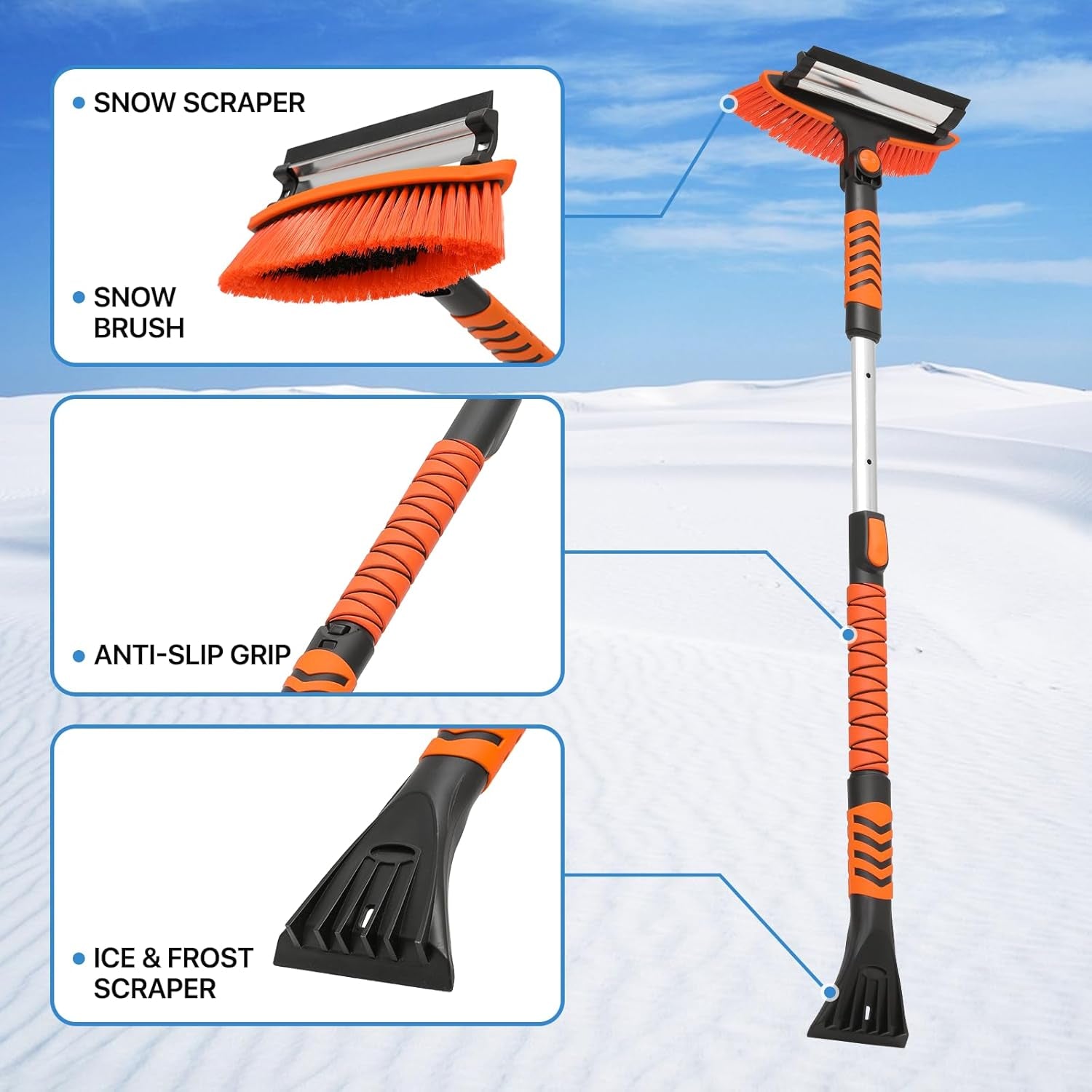 Extendable Ice Scraper and Brush with Squeegee for Car 4 in 1 Emergency Snow Shovel, Ergonomic Foam Grip and 180° Pivoting Brush Head Car Snow Kit for Cars, Trucks, Suvs, Vehicle
