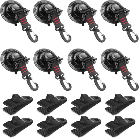 Heavy Duty Suction Cup 8Pcs Strong Suction Cups with Hooks and 8Pcs Tarp Clips Deavy Duty Lock Grip for Car Awning Boat Camping Trap Tie Down
