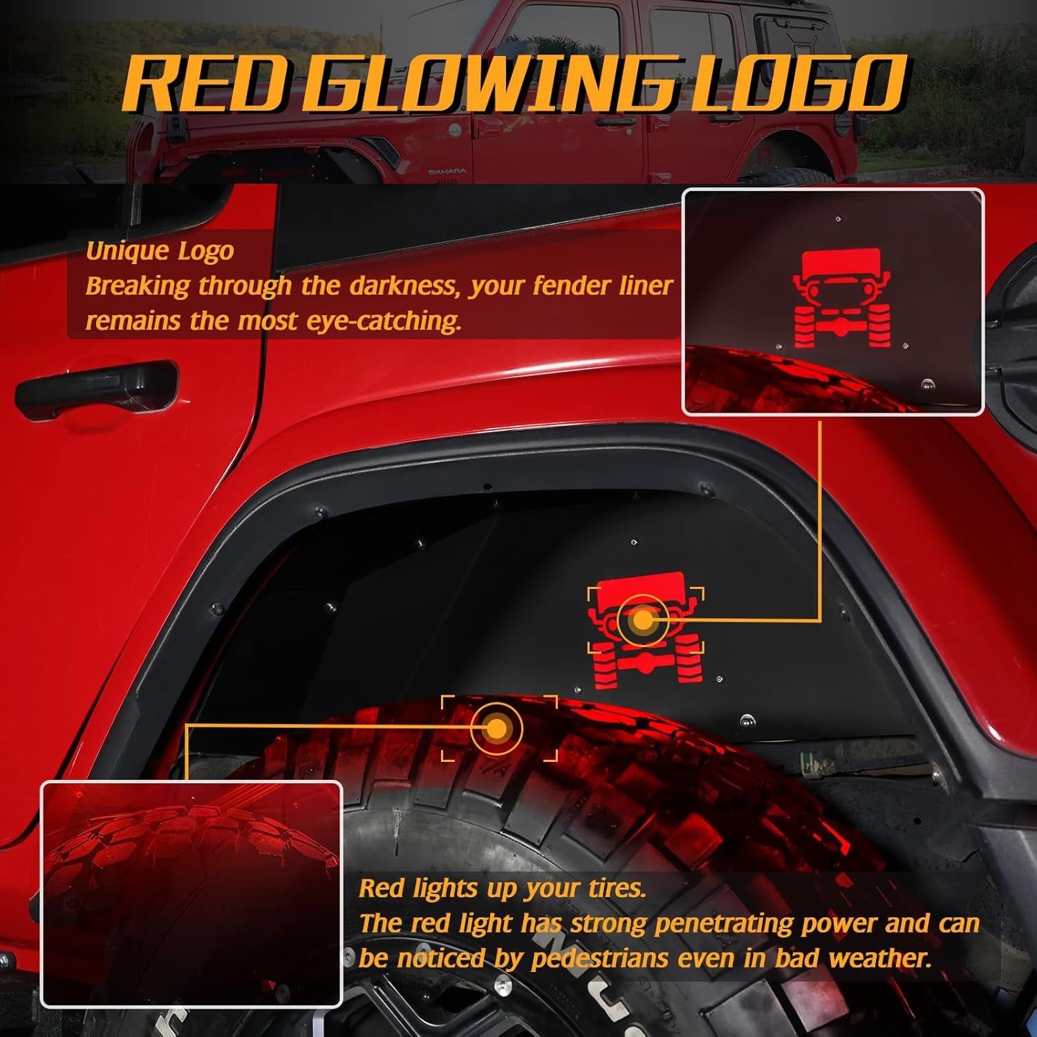 Jeep Wrangler Inner Fender Rear Fender Liners Compatible with Jeep Wrangler JL Aluminum,With 4 LED Lights for 2018-2022 Jeep Wrangler Jl(No Fit 2020-2022 Gladiator JT)