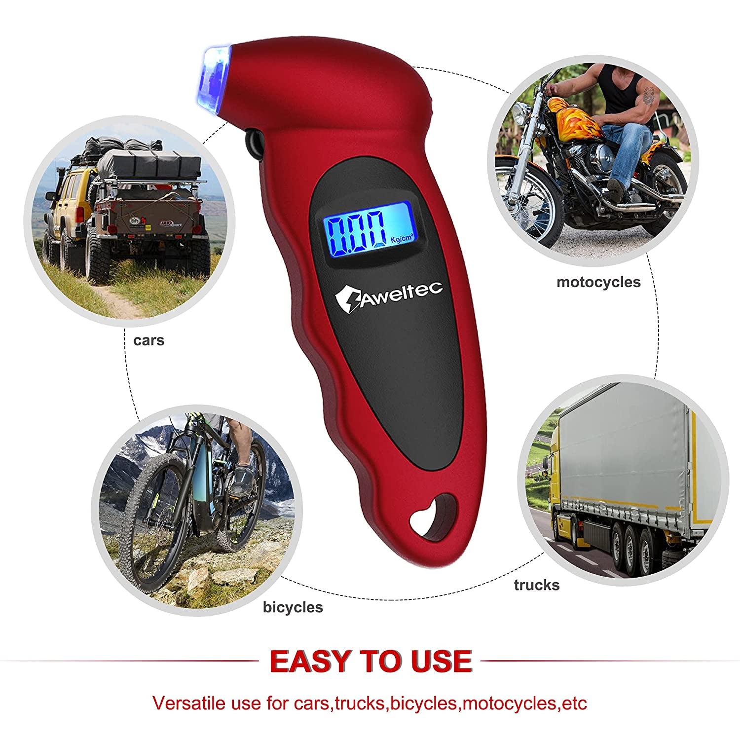 Digital Tire Pressure Gauge 150 PSI, 4 Settings, Tire Gauge for Car, Truck, Motorcycle, Bicycle with Backlit LCD and Non-Slip Grip (Red)