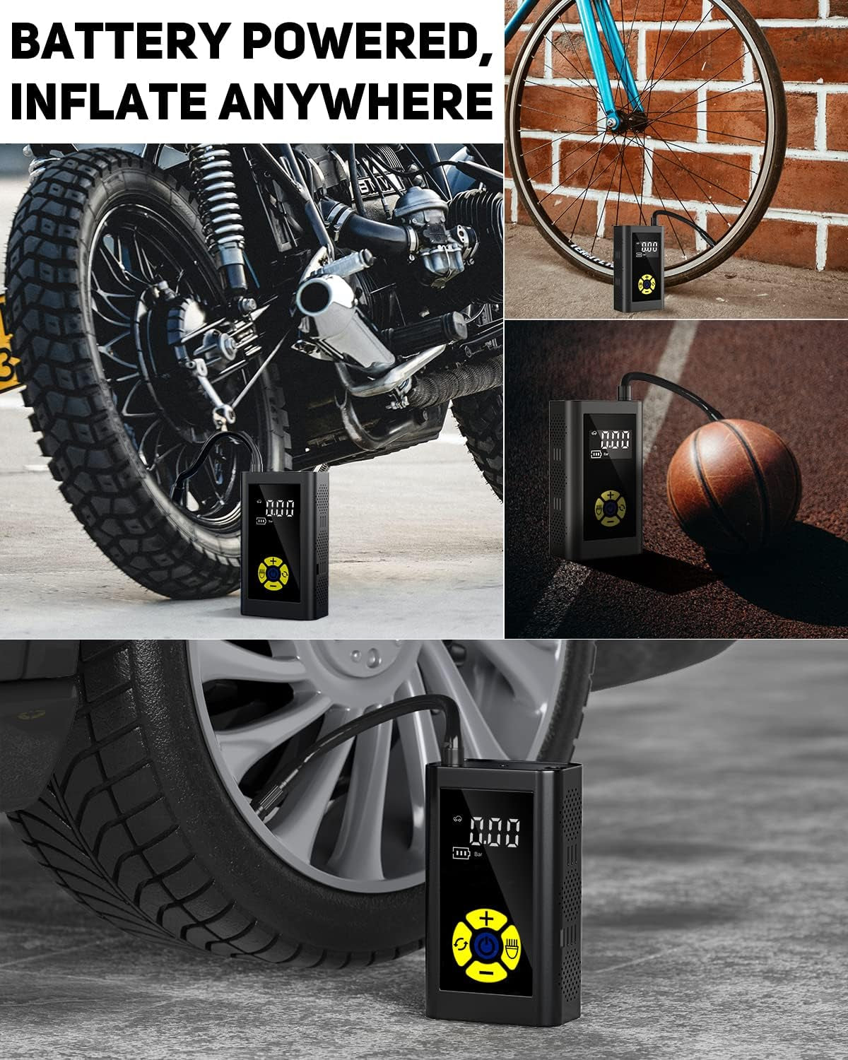 Tire Inflator Portable Air Compressor, Rechargeable Tire Inflator with LED Light, 150 PSI Bike Pump for Cars, Mini Air Pump for Bikes, Motorcycles, Balls and Emergency Flashlights