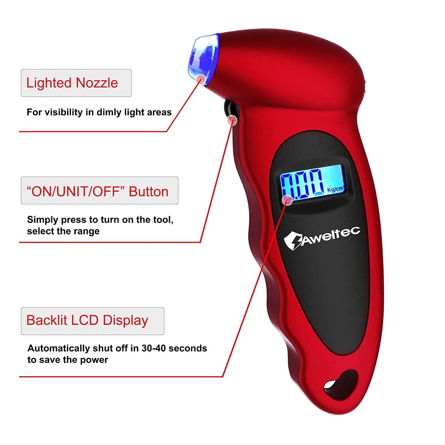 Digital Tire Pressure Gauge 150 PSI, 4 Settings, Tire Gauge for Car, Truck, Motorcycle, Bicycle with Backlit LCD and Non-Slip Grip (Red)