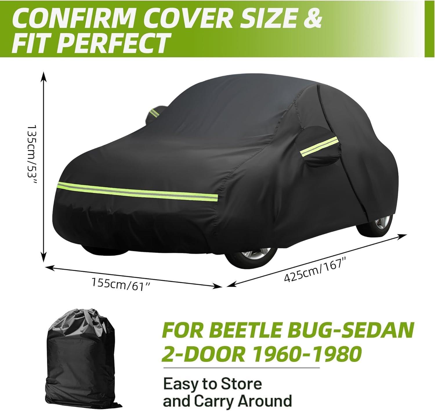 Car Covers for Beetle Bug Sedan 2-Door 1960-1980 Waterproof All Weather Full Car Cover 210D with Door Zipper & Windproof Bands for Snow Rain Dust Hail Protection Black