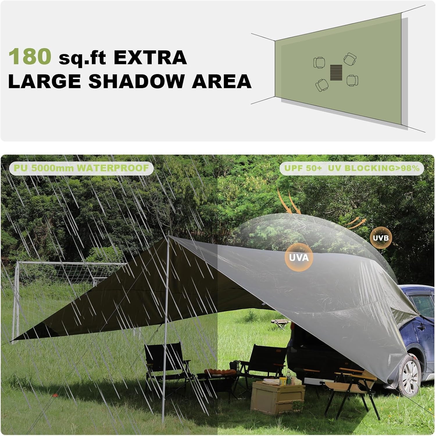 Car Awning Camping Tarp for SUV, Truck Canopy Waterproof 19 X 13.3 X 8.6 FT Tailgate Awning for Camping,Van,Mpv,Jeep