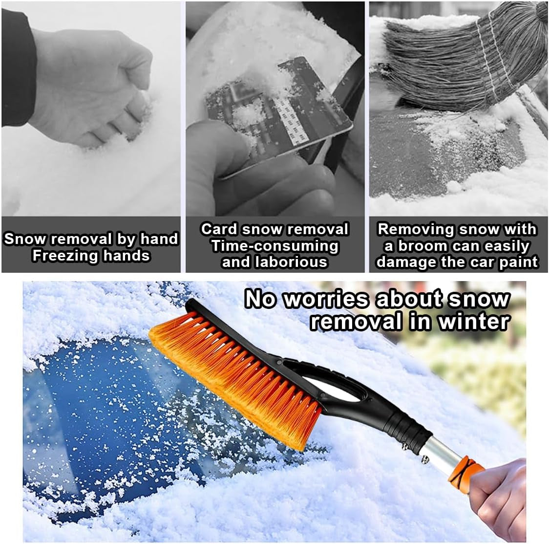 27" Car Snow Brush and Ice Scraper - Aluminum Snow Removal Tool with Ergonomic Foam Grip - Detachable Ice Scraper for Car Windshield and Window - Ice Shovel Tool Car Winter Accessories (Orange)