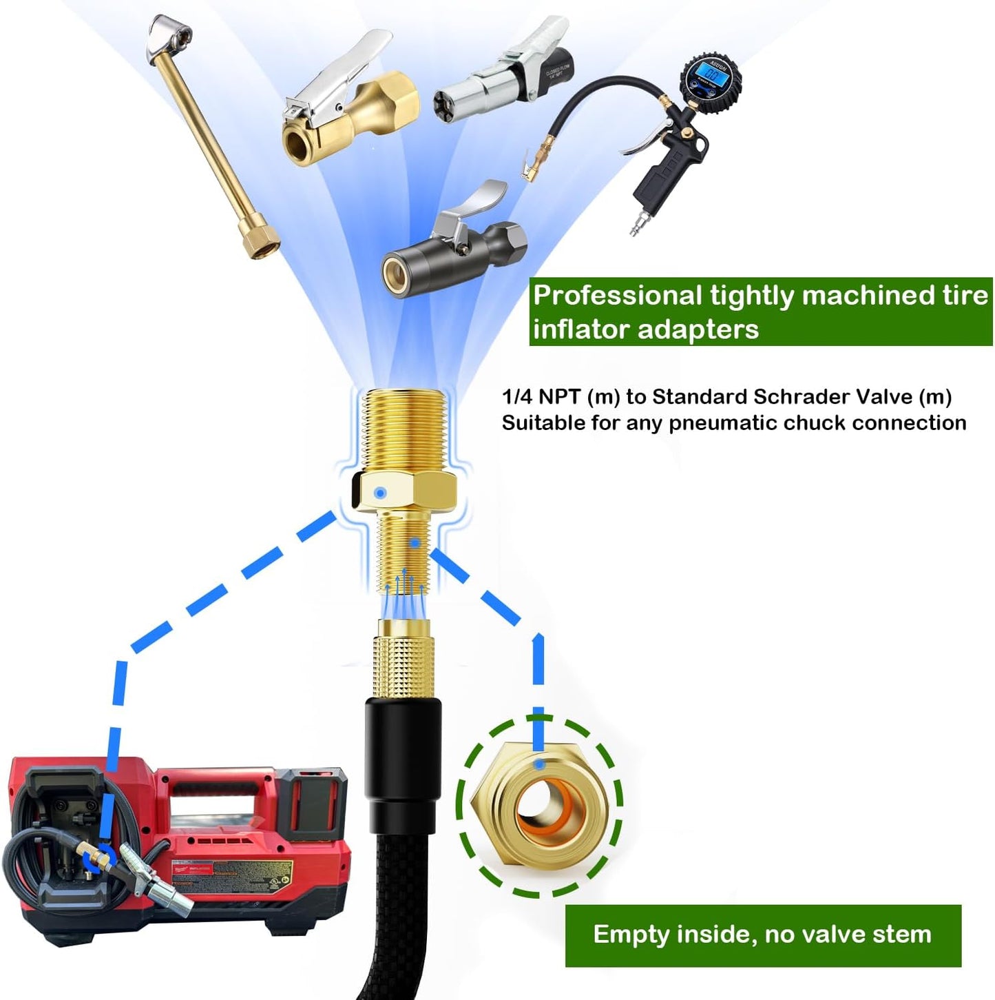 Air Inflator Adapter 1/4 NPT (M) to Standard Schrader Valve (M),Locking Air Chuck for Use on Tire Inflators, Air Compressors or Air Hoses.Rust-Resistant Brass Air Inflator Adapter(2 Packs)