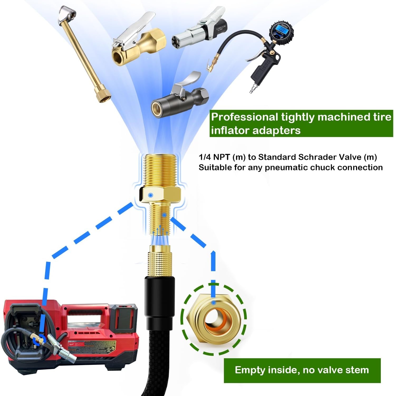 Air Inflator Adapter 1/4 NPT (M) to Standard Schrader Valve (M),Locking Air Chuck for Use on Tire Inflators, Air Compressors or Air Hoses.Rust-Resistant Brass Air Inflator Adapter(2 Packs)