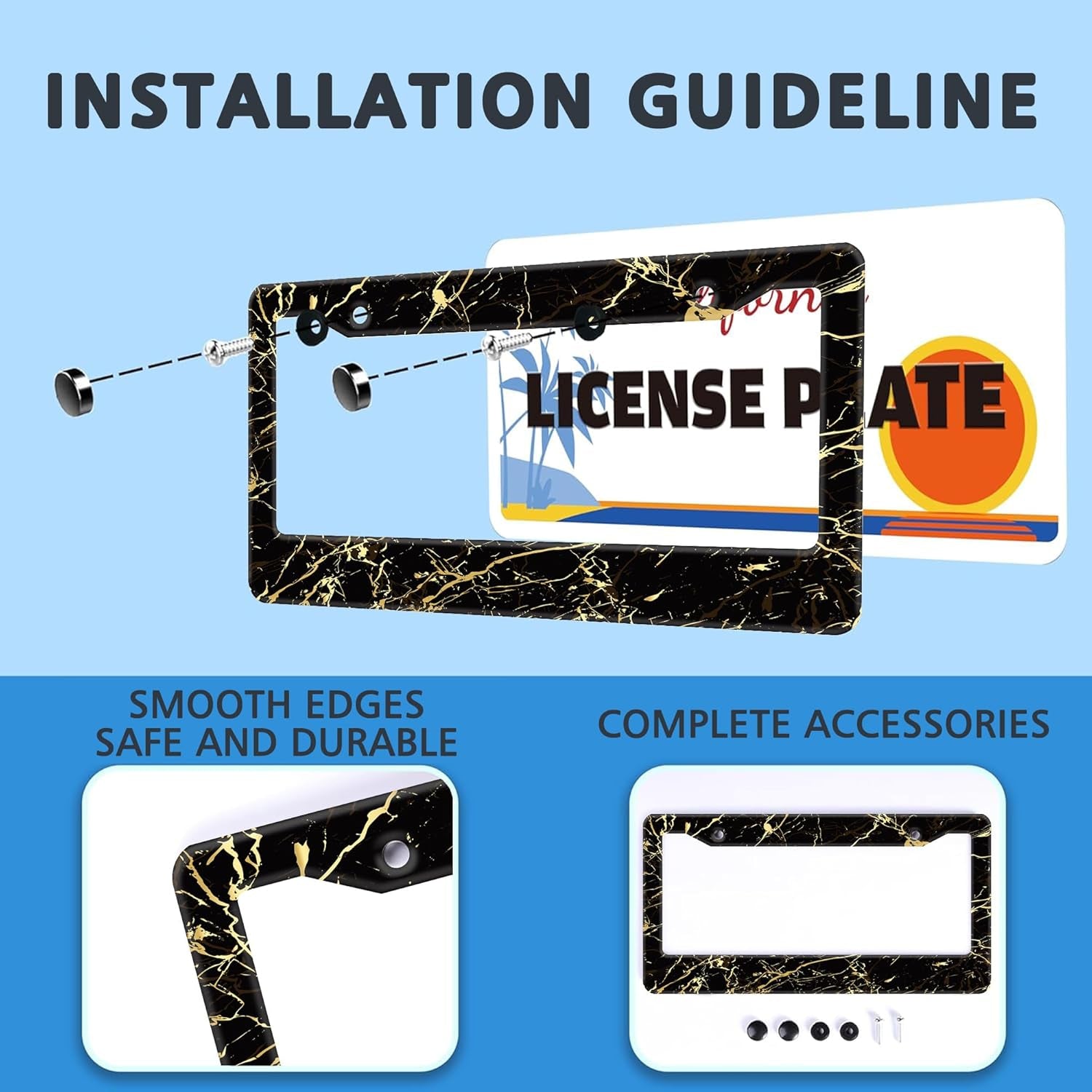 Marble License Plate Frames,Abstract Black and Golden Marble Aluminum Car License Plate Cover Car Tag Frame 2 Holes with Screws for Men and Women,12.3"X 6.3"