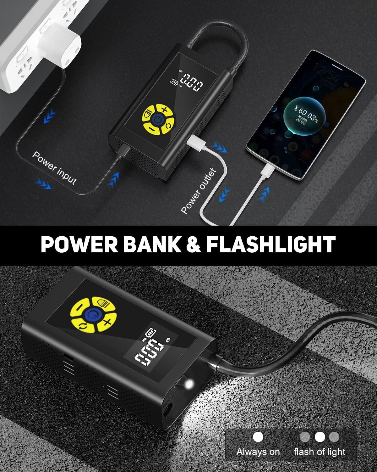 Tire Inflator Portable Air Compressor, Rechargeable Tire Inflator with LED Light, 150 PSI Bike Pump for Cars, Mini Air Pump for Bikes, Motorcycles, Balls and Emergency Flashlights