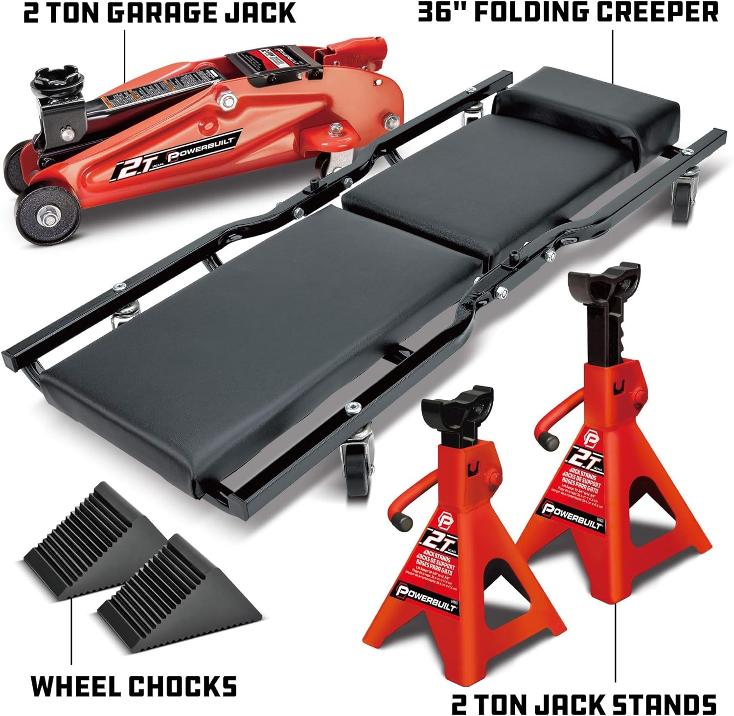 Powerbuilt 6 Piece Car Jack and Garage Creeper Service Set, 2 Ton Vehicle Lift, Jackstands, Folding Creeper, Wheel Chocks, Car Repair Garage Equipment - 640816, Large, Red
