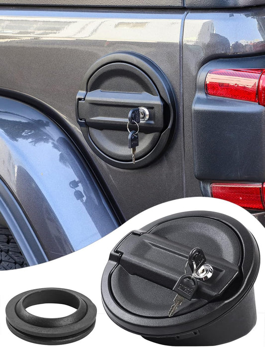 Locking Gas Cap Cover, Fuel Filler Tank Door with Lock Compatible with 2018-2025 Jeep Wrangler JL JLU 4Xe 2 and 4 Door, ABS + Aluminum Alloy Structure, Replacement Accessories, Black