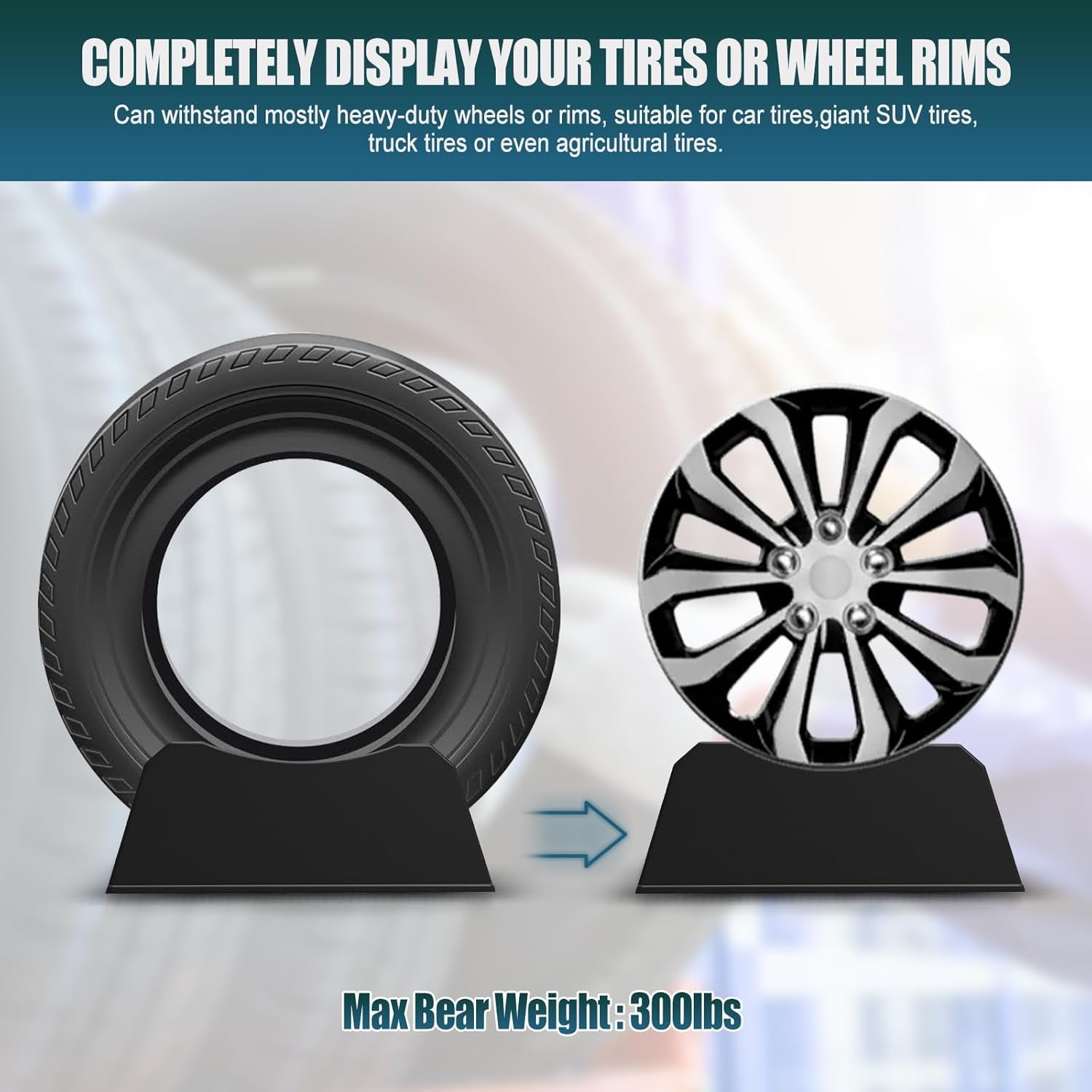 4Pcs Car Tire Display Rack, Adjustable Width Tire Wheel Stand Base Car Wheel Holder Plastic Tire Tray Base Tire Rack for Exhibition, Shop, Garage, Advertising, Trade, Show, Tire Not Include