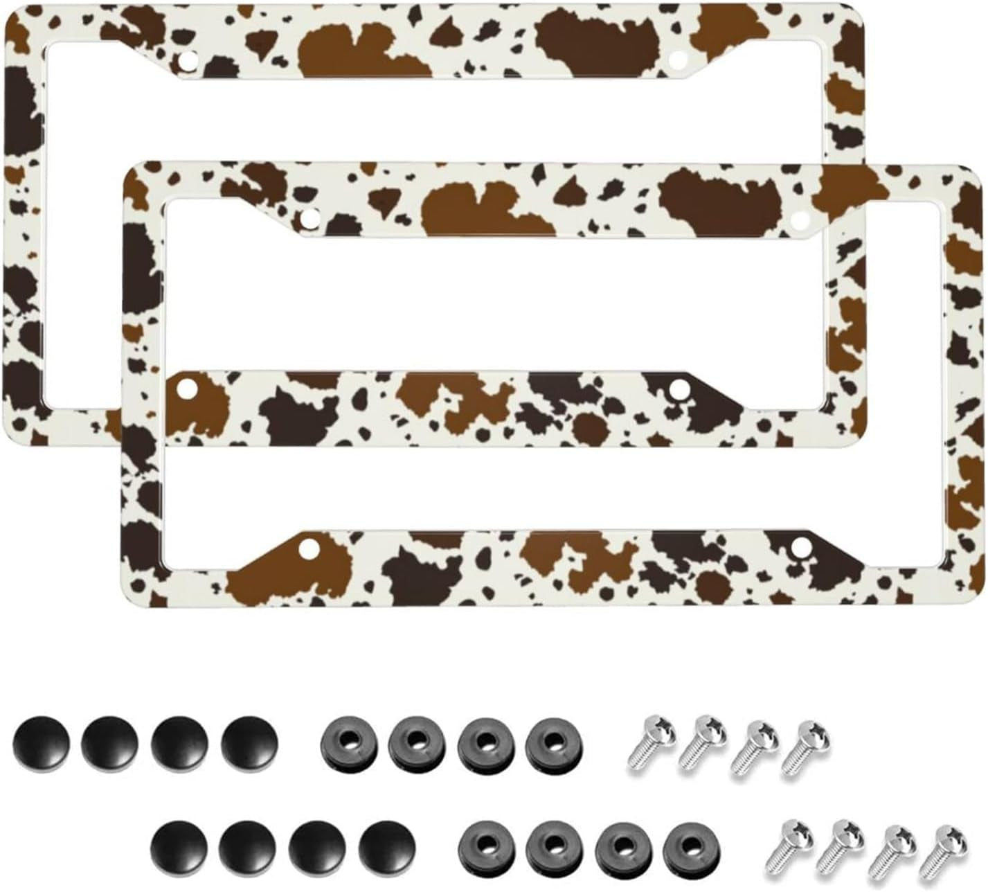 Brown Cow Print License Plate Frame Western Cow Car Accessories Aluminum Metal License Plate Holder, Weather Proof, Rust-Proof Universal Size