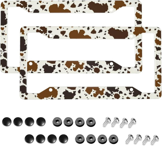 Brown Cow Print License Plate Frame Western Cow Car Accessories Aluminum Metal License Plate Holder, Weather Proof, Rust-Proof Universal Size