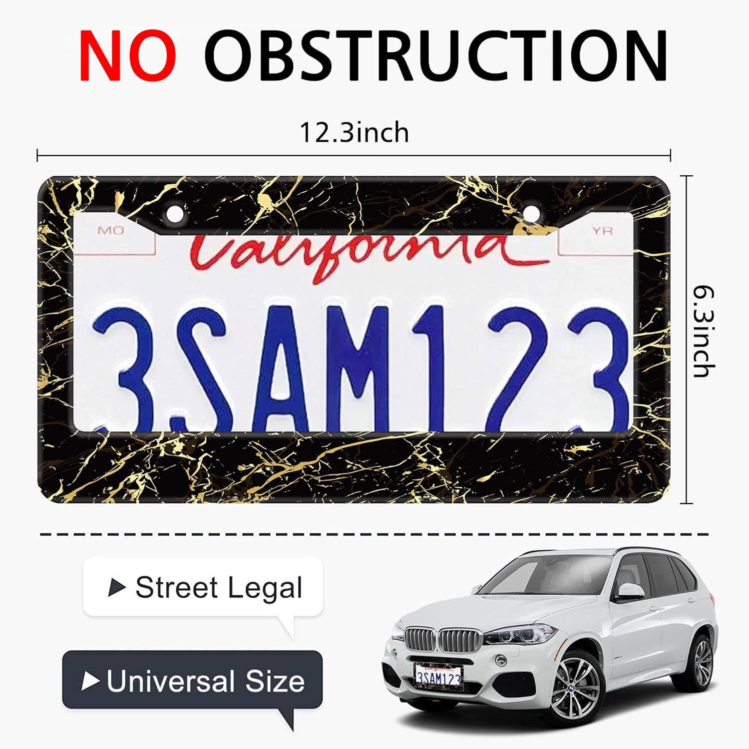Marble License Plate Frames,Abstract Black and Golden Marble Aluminum Car License Plate Cover Car Tag Frame 2 Holes with Screws for Men and Women,12.3"X 6.3"