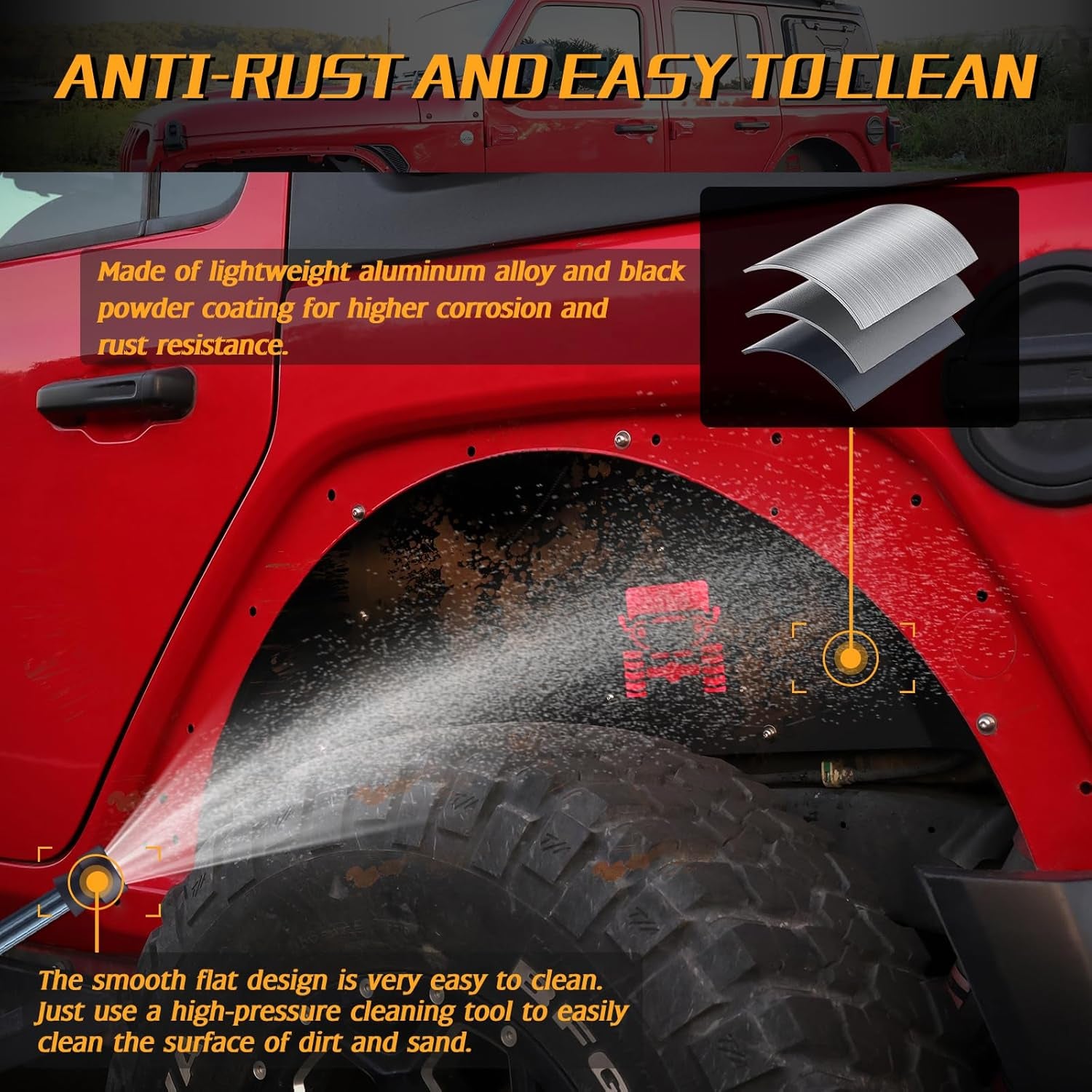 Jeep Wrangler Inner Fender Rear Fender Liners Compatible with Jeep Wrangler JL Aluminum,With 4 LED Lights for 2018-2022 Jeep Wrangler Jl(No Fit 2020-2022 Gladiator JT)