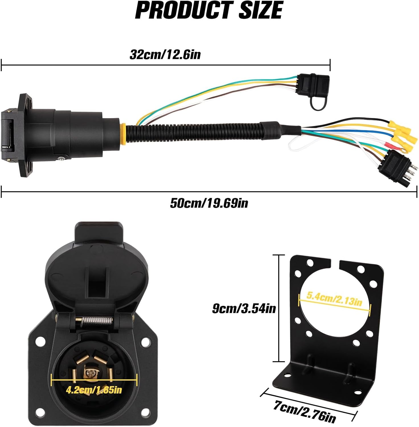 Universal 4-Way Flat to 7-Way RV Blade Adapter Kit, 7 Pin Trailer Light Connector and 4 Pin Trailer Wiring Harness with Safety Bracket, Compatible with RV, Truck