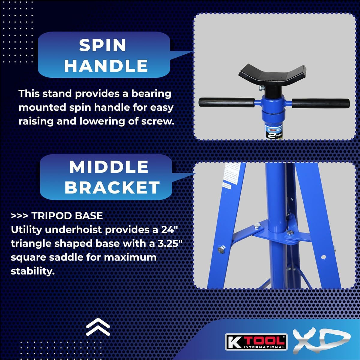 XD61002 2 Ton Automotive under Hoist Tripod Stand for Garages, Repair Shops, and DIY, 4,000Lb. Capacity, Support Range 49"-79.75", Heavy Duty Steel, 24" Base, 3.25" Saddle, Blue