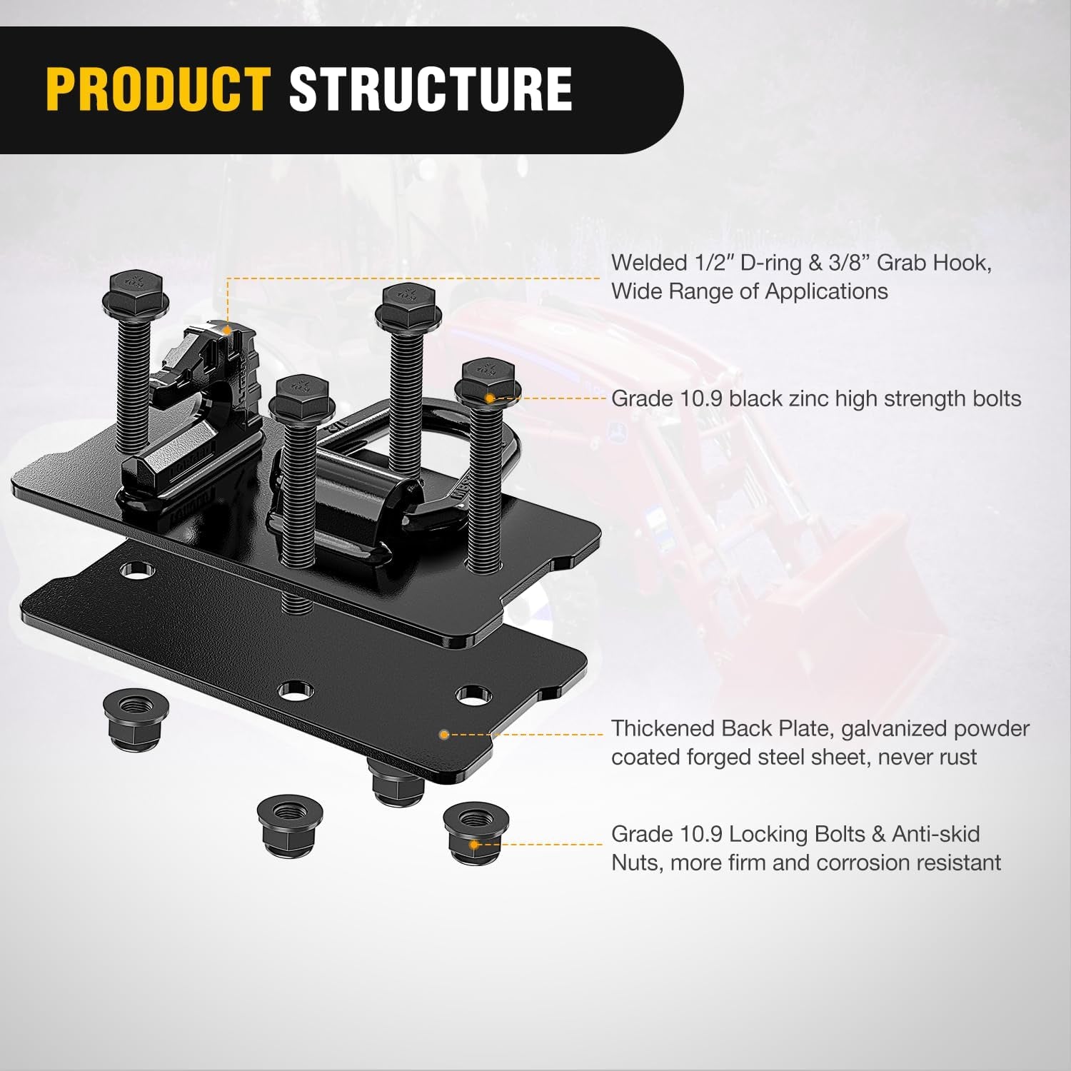 2PCS Tractor Bucket Hooks with Tie down Ring, Bolt-On Grab Hook with Back Plates Compatible with Trailer RV UTV Truck, Grade 70 Grade Forged Steel Max 15000 Lbs, Black