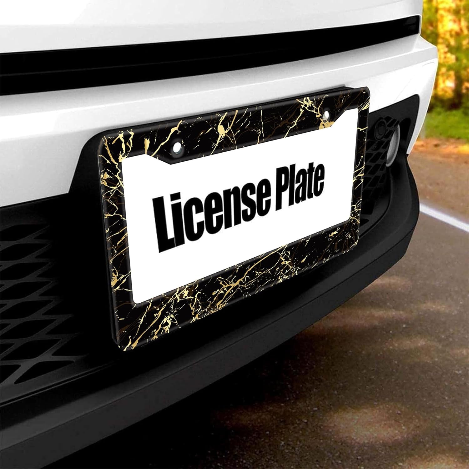 Marble License Plate Frames,Abstract Black and Golden Marble Aluminum Car License Plate Cover Car Tag Frame 2 Holes with Screws for Men and Women,12.3"X 6.3"