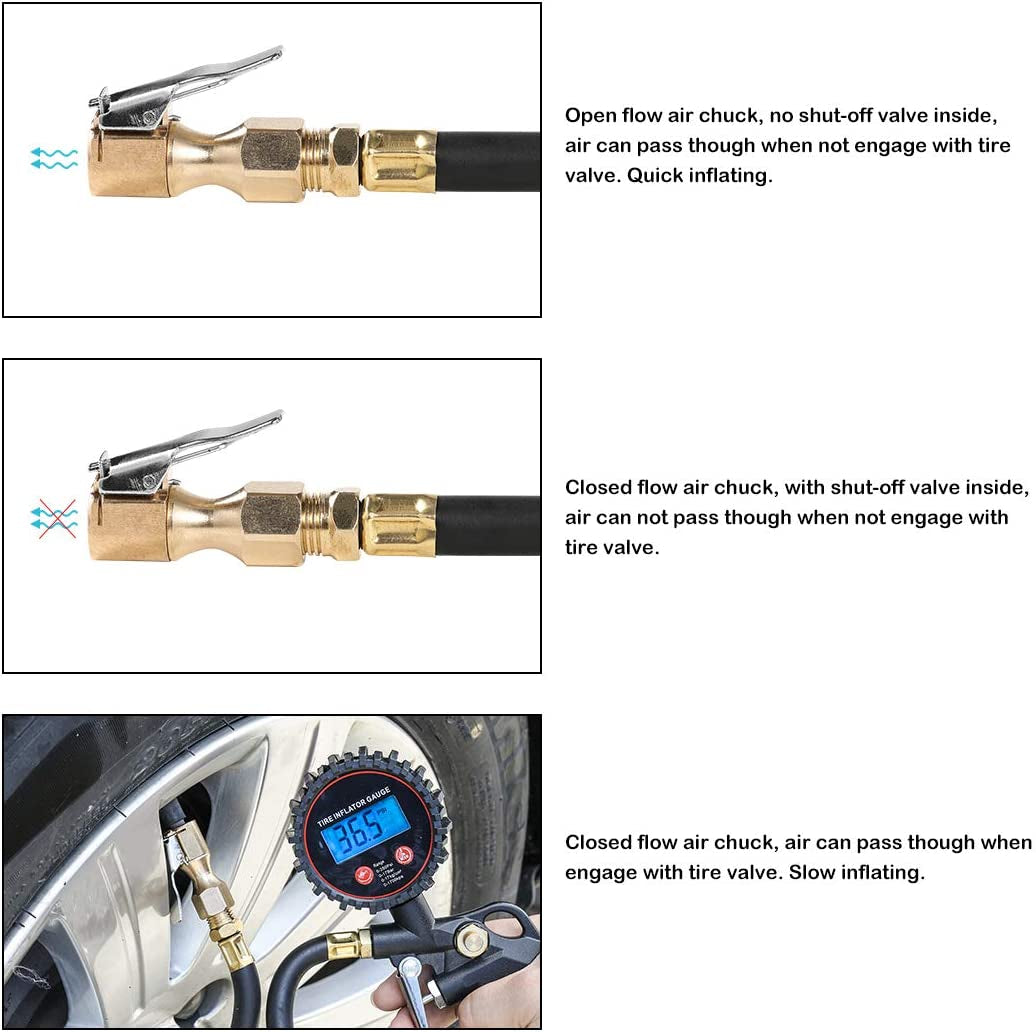 Heavy Duty Brass Air Chuck, Closed Flow Straight Tire Chuck with Lock-On Clip, 1/4" FNPT Tyre Chuck for Tire Inflator Pressure Gauge Air Pump Compressor Accessories (Brass, 2 Pack)