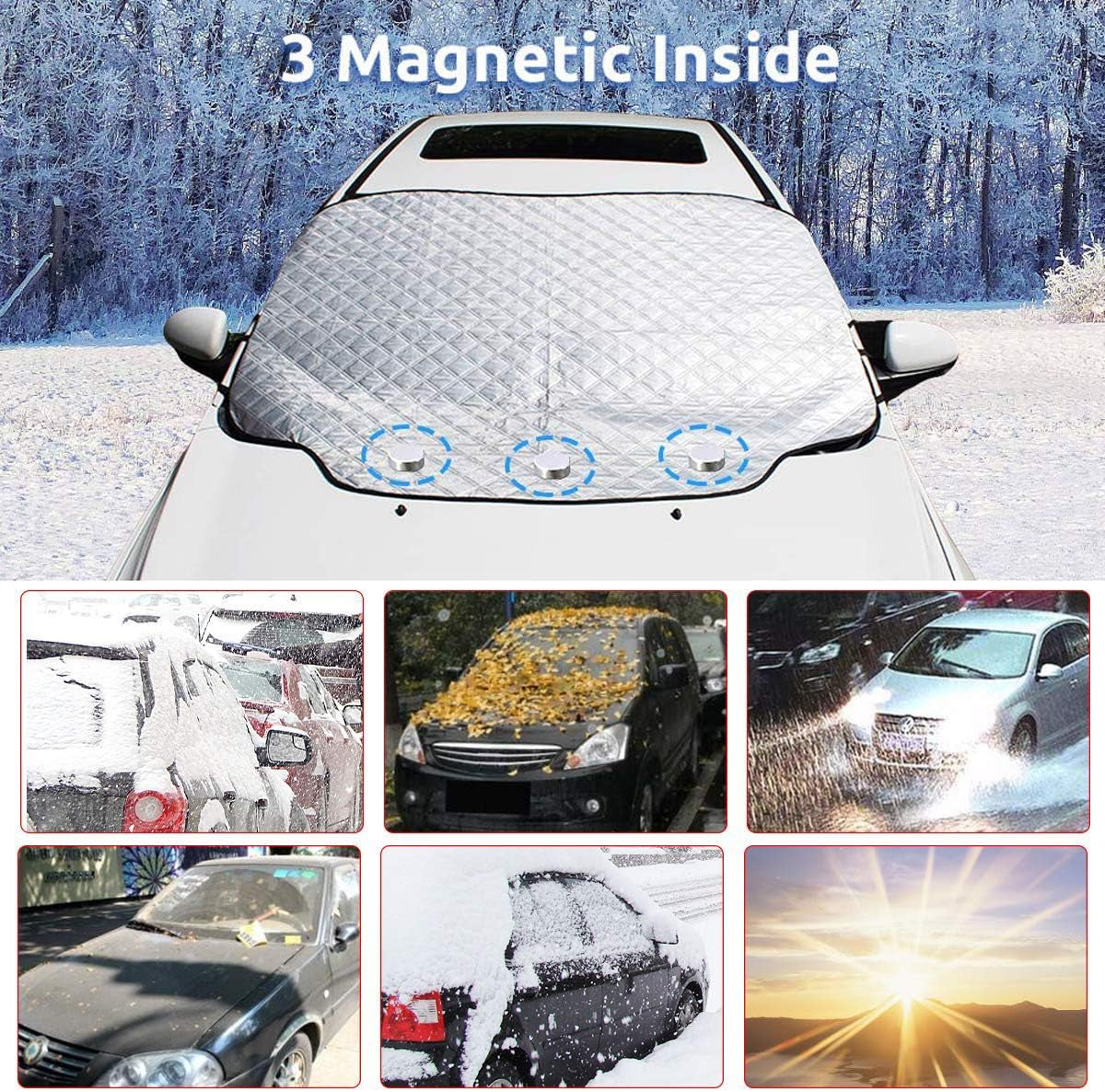 Car Windshield Snow Cover,  Magnetic Thickened Frost Guard Windshield Ice Cover, Fireproof, Waterproof Flame Retardant Fabric Suitable for Winter and Summer - 61.8''X 49.6'' Fits Most Cars
