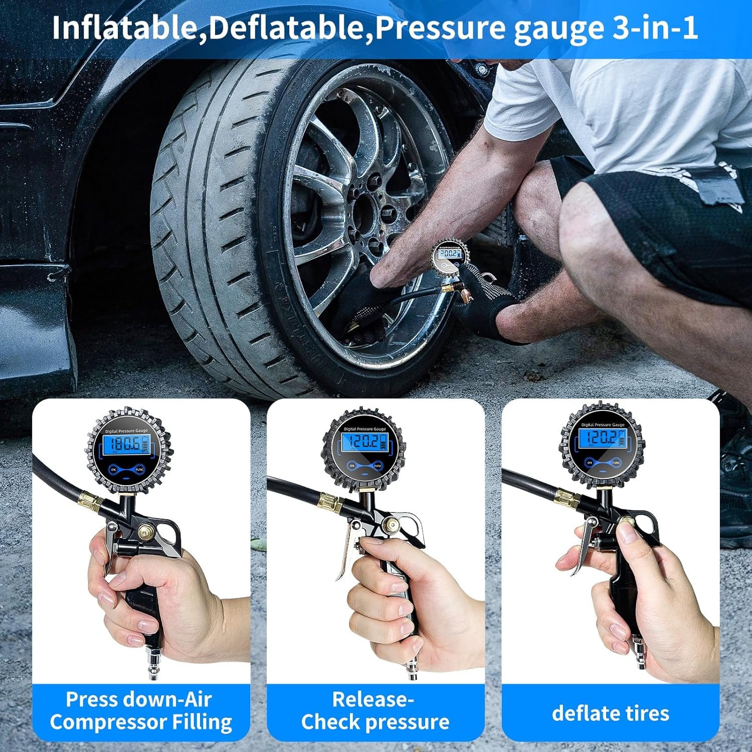 Digital Tire Pressure Gauge,Tire Inflator with Pressure Gauge,(0-200Psi) Tire Gauge and Compressor Kit with Quick Connect Coupler and Inflator,0.1 Display Resolution,Accessories for Car,Truck.