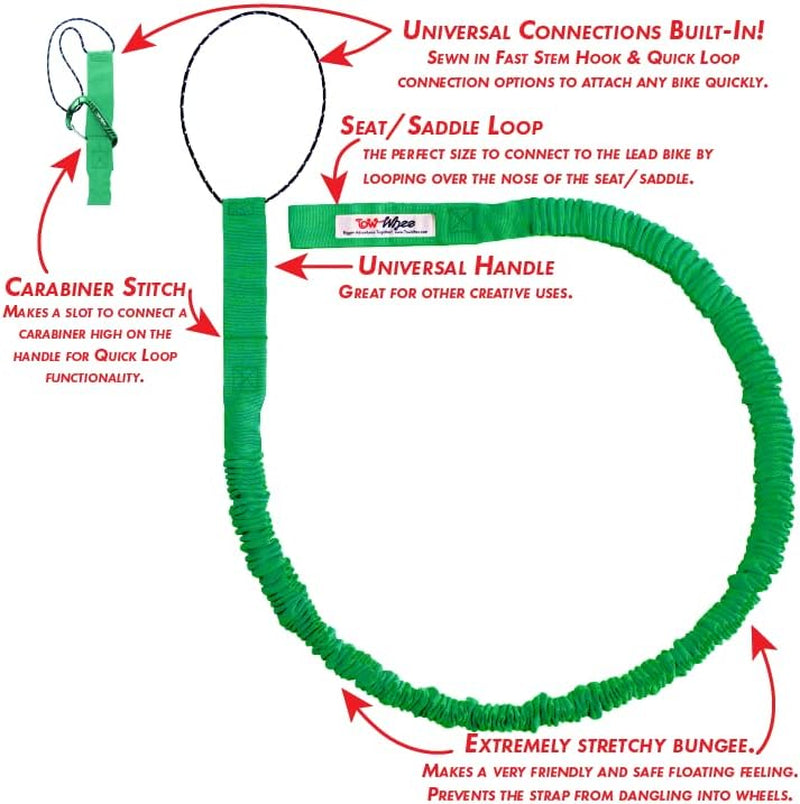 E-Bike/Adult Connect Bike Bungee Tow Rope | MTB & Cycling Stretch Pull Strap | Compatible with Any Bicycle | Ride Further (Adult Green) - Made in the USA