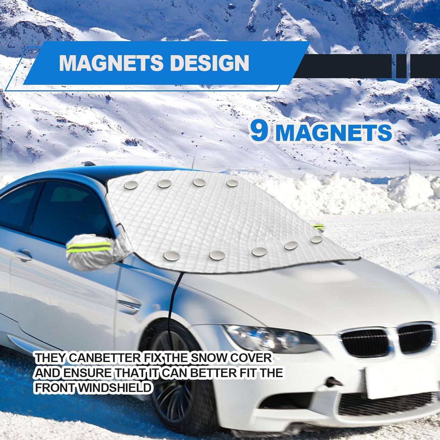 Car Magnetic Windshield Snow Cover, Heavy Duty Ultra Thick Protective Windscreen Cover 4-Layer Protection for Snow, Ice, UV & Frost Wiper Mirror Universal for Sedan, Small Suv(Silver)