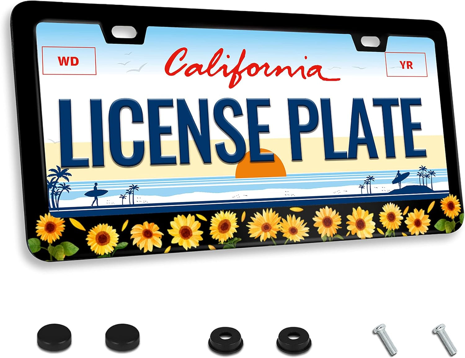 Sunflower License Plate Frame Beautiful Flowers License Plate Frame Floral Stainless Steel for Car Decorative Parts License Plate for Standard Us Canada Holder Unisex 12X6 Inch
