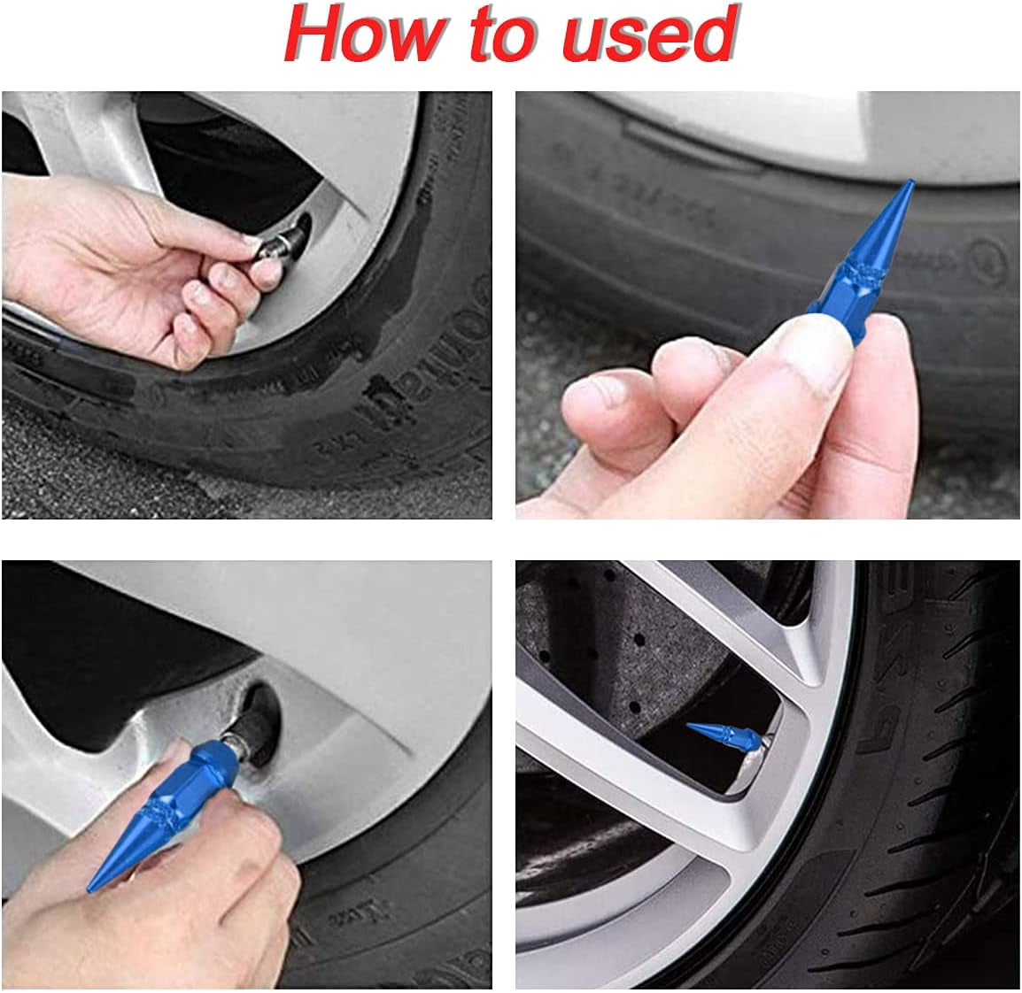 Car Wheel Tire Valve Caps, 4 Pack Spiked Aluminum Valve Stem Caps, Attractive Dustproof Car Accessories, Universal for Most Vehicles (Blue/45Mm)
