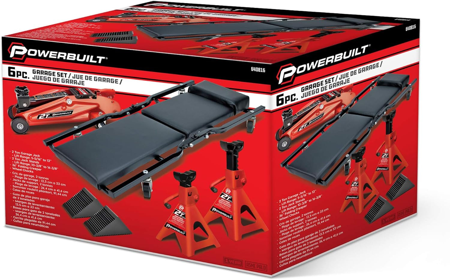 Powerbuilt 6 Piece Car Jack and Garage Creeper Service Set, 2 Ton Vehicle Lift, Jackstands, Folding Creeper, Wheel Chocks, Car Repair Garage Equipment - 640816, Large, Red
