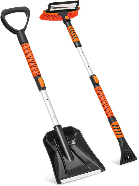 Extendable Ice Scraper and Brush with Squeegee for Car 4 in 1 Emergency Snow Shovel, Ergonomic Foam Grip and 180° Pivoting Brush Head Car Snow Kit for Cars, Trucks, Suvs, Vehicle