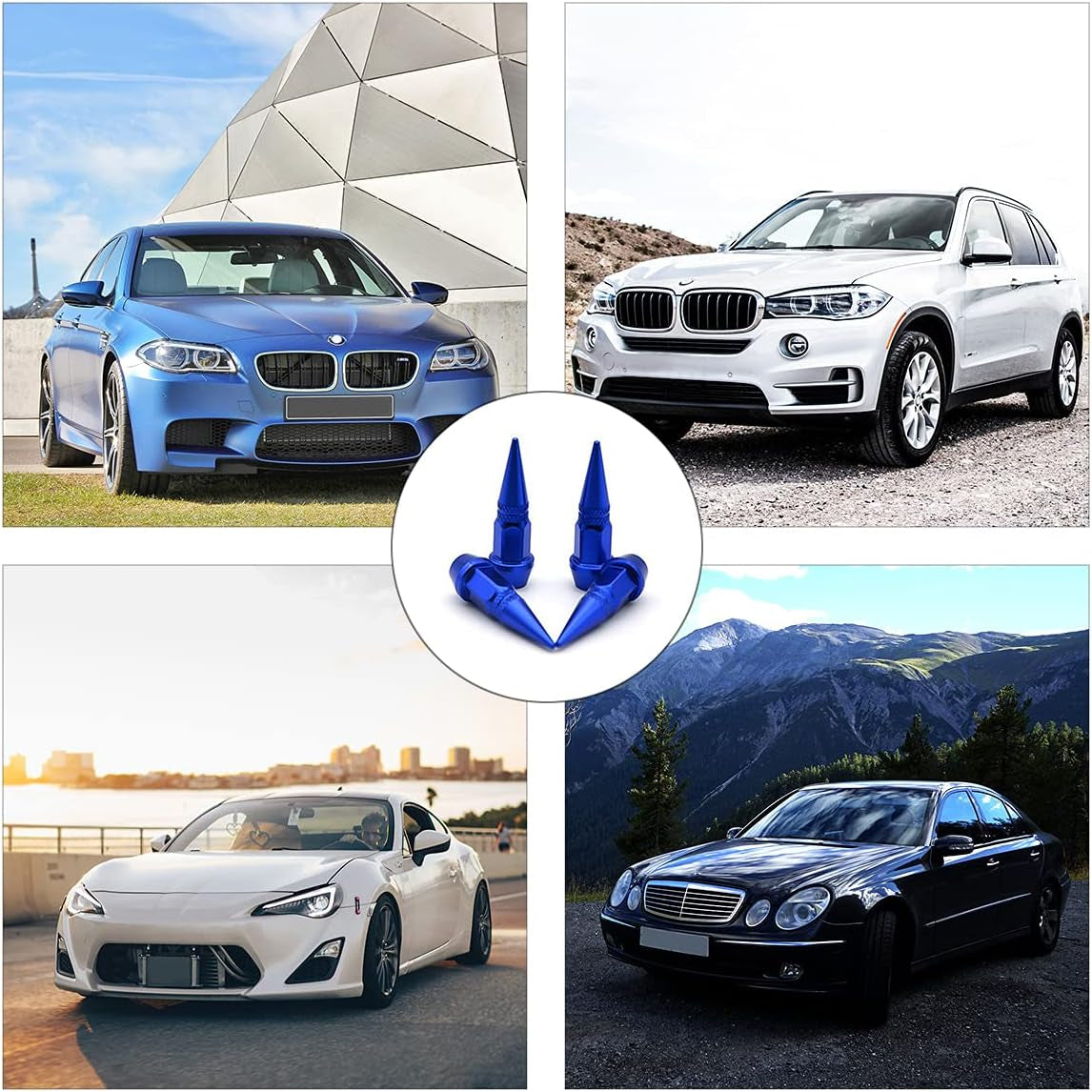 Car Wheel Tire Valve Caps, 4 Pack Spiked Aluminum Valve Stem Caps, Attractive Dustproof Car Accessories, Universal for Most Vehicles (Blue/45Mm)