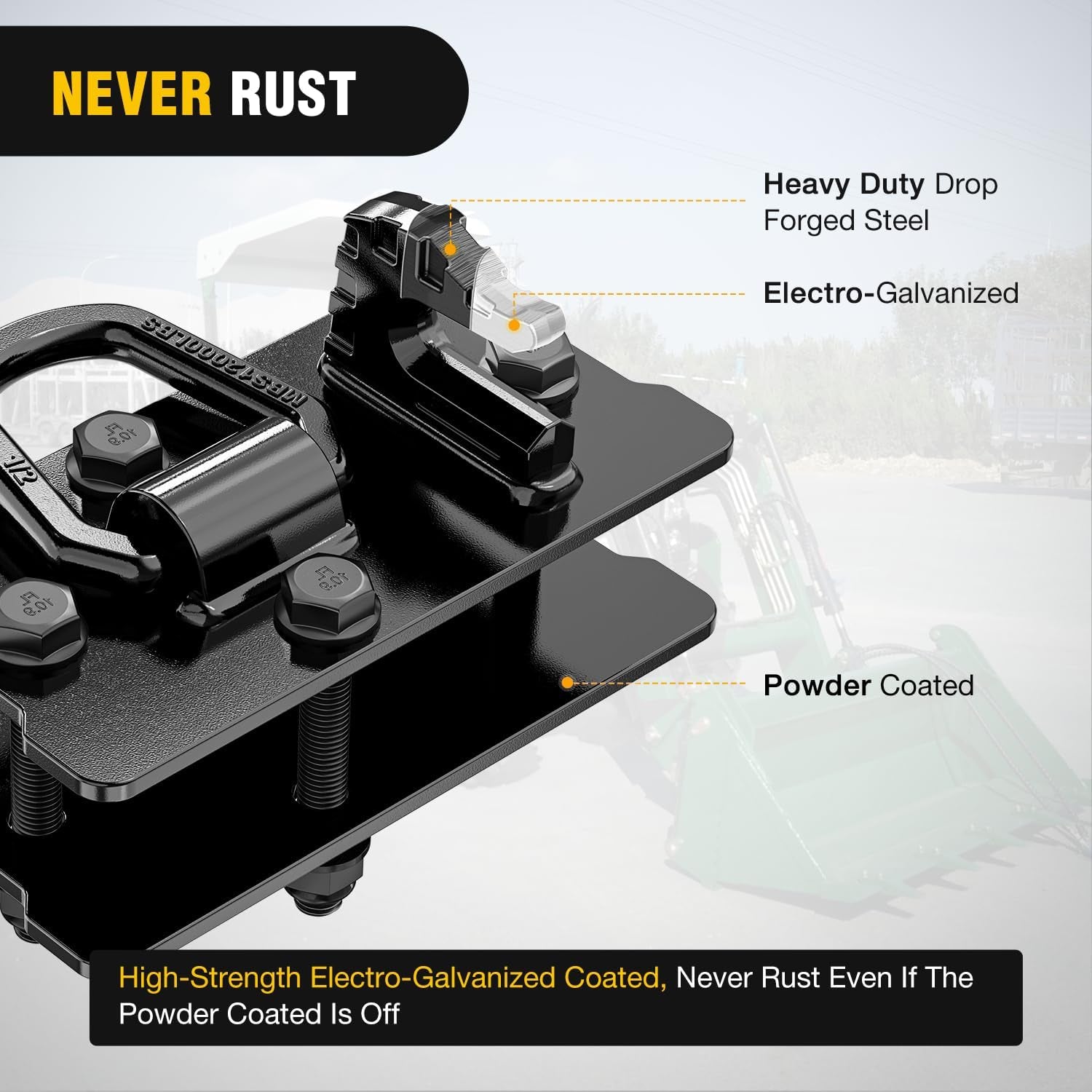 2PCS Tractor Bucket Hooks with Tie down Ring, Bolt-On Grab Hook with Back Plates Compatible with Trailer RV UTV Truck, Grade 70 Grade Forged Steel Max 15000 Lbs, Black