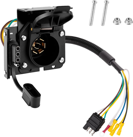 Universal 4-Way Flat to 7-Way RV Blade Adapter Kit, 7 Pin Trailer Light Connector and 4 Pin Trailer Wiring Harness with Safety Bracket, Compatible with RV, Truck