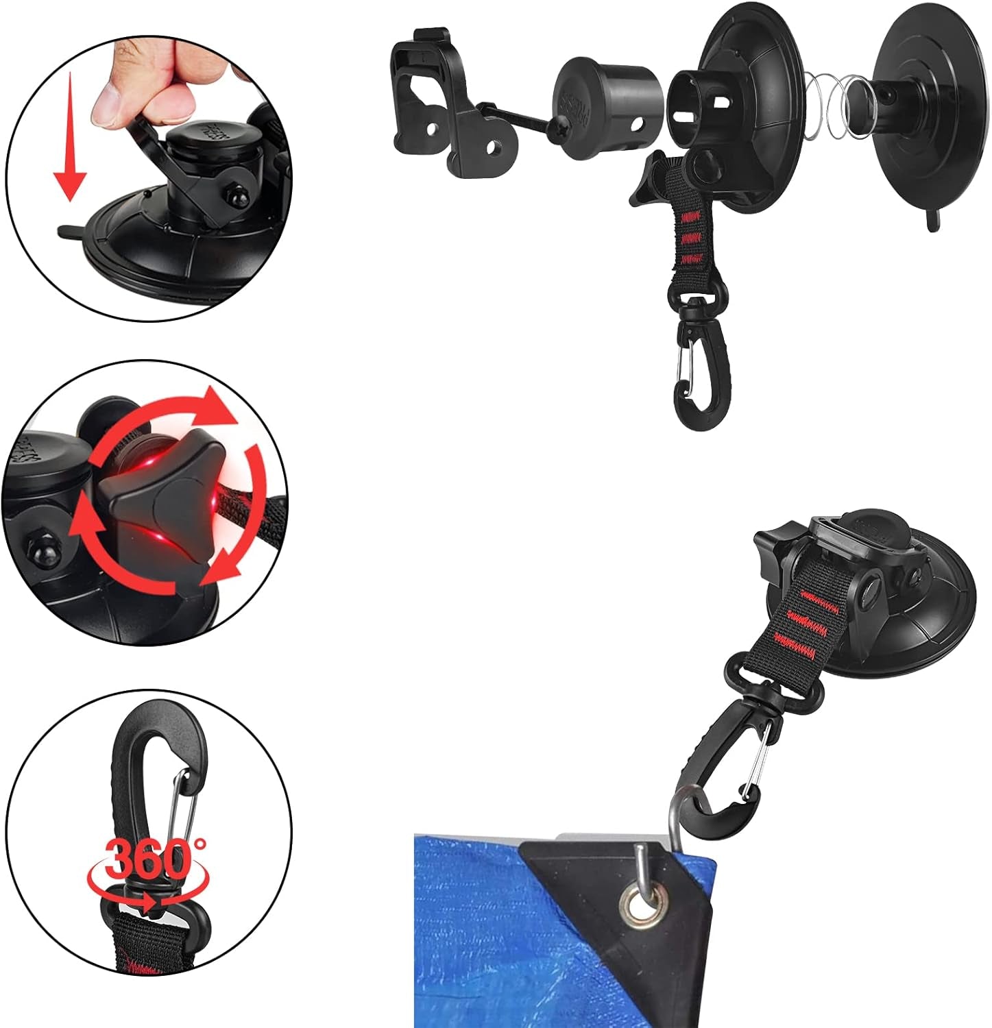 Heavy Duty Suction Cup 8Pcs Strong Suction Cups with Hooks and 8Pcs Tarp Clips Deavy Duty Lock Grip for Car Awning Boat Camping Trap Tie Down